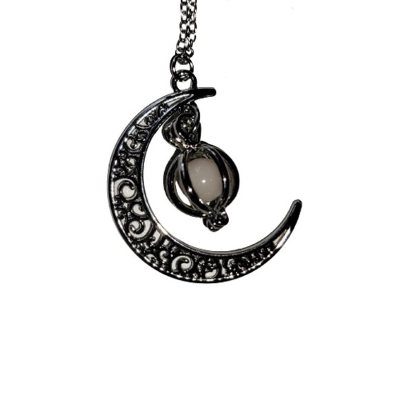 Crescent Moon with Luminous Caged Light Green Glowing Orb Pendant Silver Chain - Picture 11 of 12
